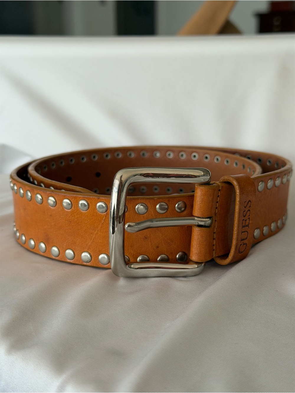 Guess brown leather studded belt Y2K
